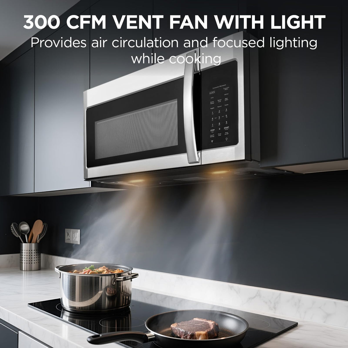 BLACK+DECKER 300 CFM vent and built-in light aid cooking.