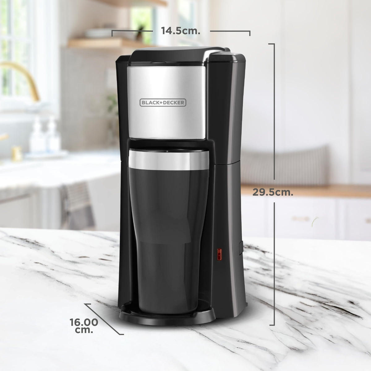 BLACK+DECKER travel mug under brew head for on-the-go coffee
