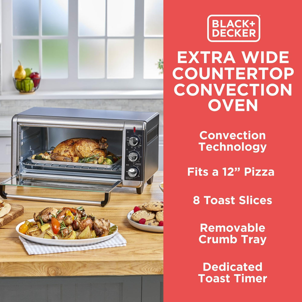 BLACK+DECKER TO3250XSBD removable crumb tray simplifies cleanup after baking.