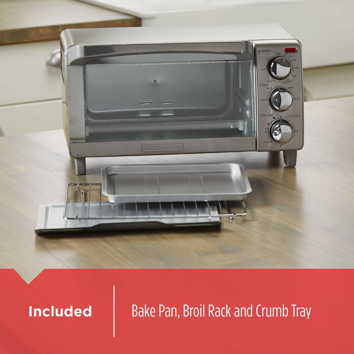 BLACK+DECKER toaster oven bake function for small batches.