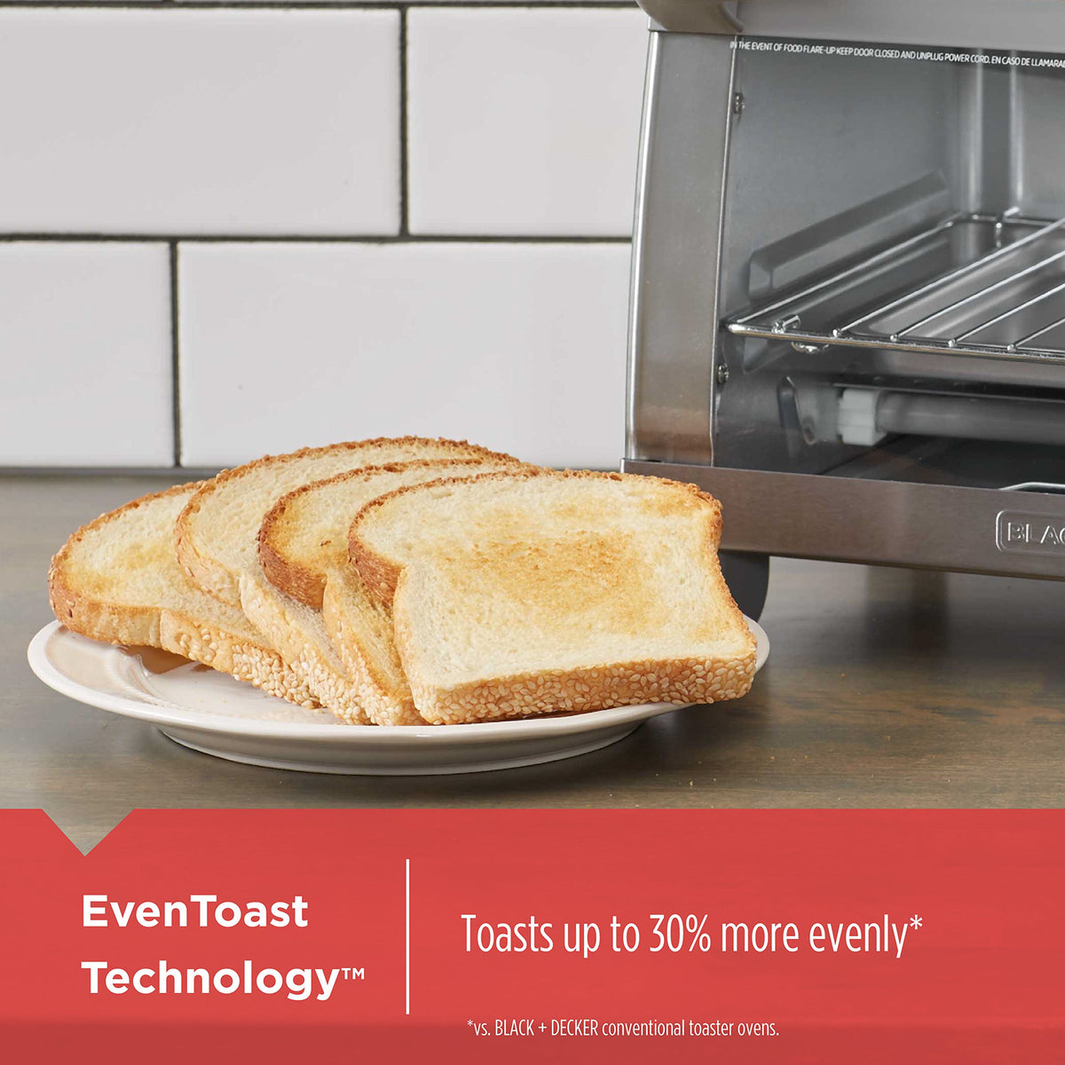 BLACK+DECKER toaster oven control panel showing simple bake, toast, broil settings.