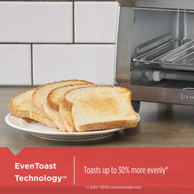 BLACK+DECKER toaster oven control panel showing simple bake, toast, broil settings.