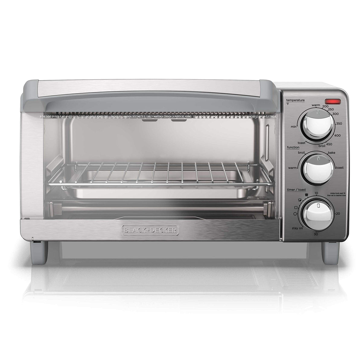 BLACK+DECKER toaster oven in use in a kitchen setting.