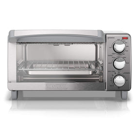 BLACK+DECKER toaster oven in use in a kitchen setting.
