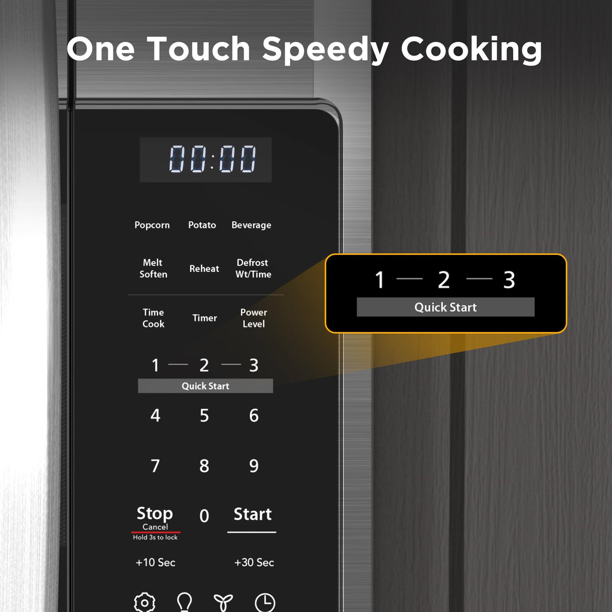 BLACK+DECKER microwave control panel highlights easy one-touch quick menus for everyday meals.