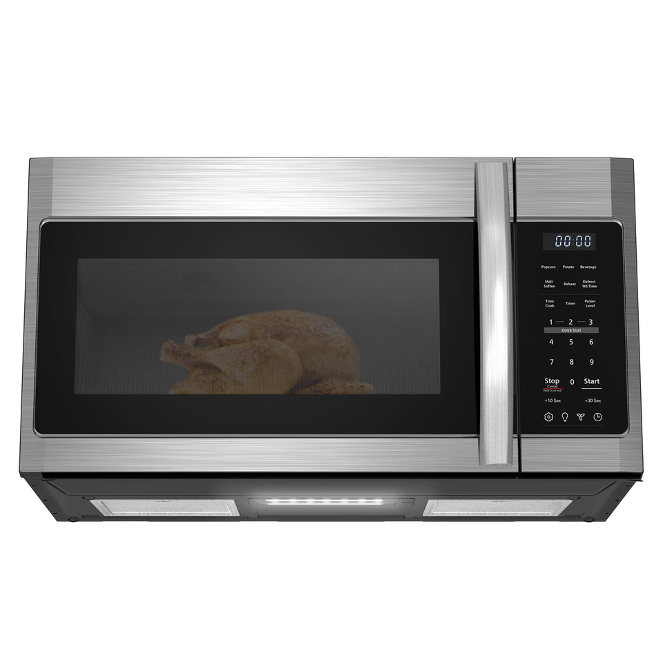 BLACK+DECKER over-the-range microwave front view showcases sleek stainless design and built-in kitchen fit.