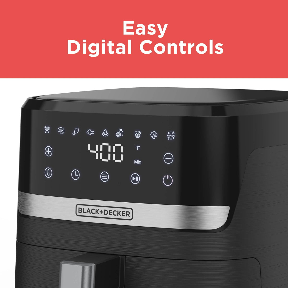 BLACK+DECKER Purifry 6QT air fryer digital display demonstrates intuitive operation.