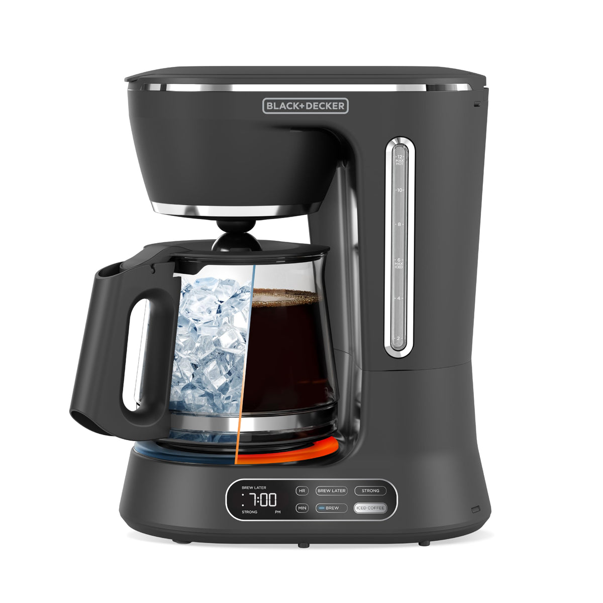 BLACK+DECKER Split Brew front view shows versatile hot and iced coffee options.