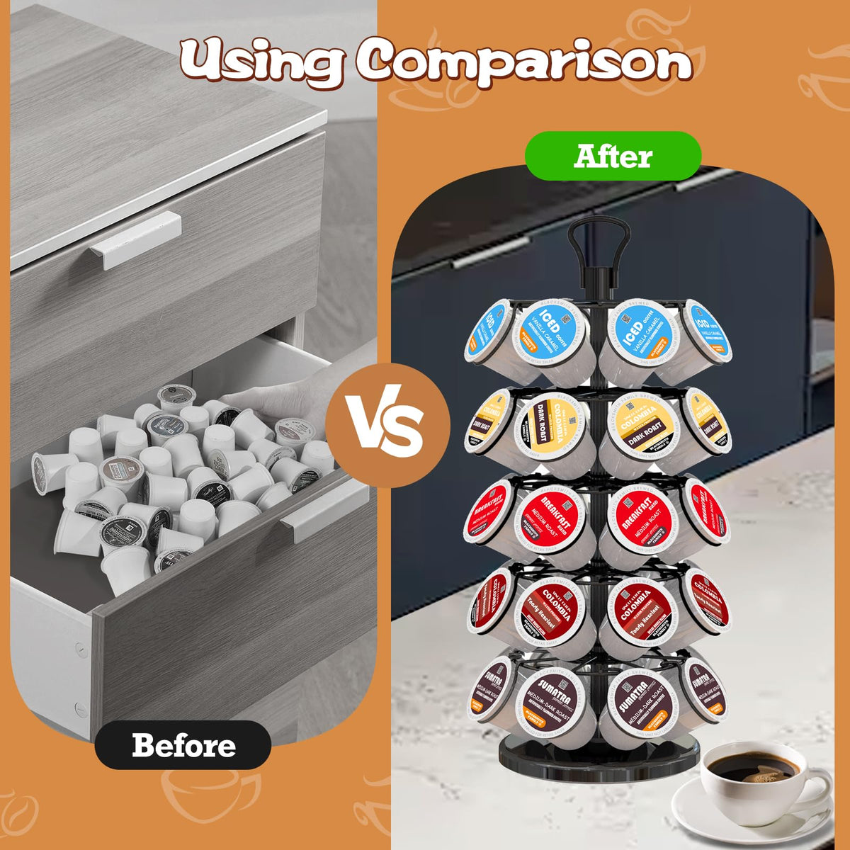 BLACKSMITH FAMILY 40-pod carousel holding-k-cups demonstrates organized countertop storage