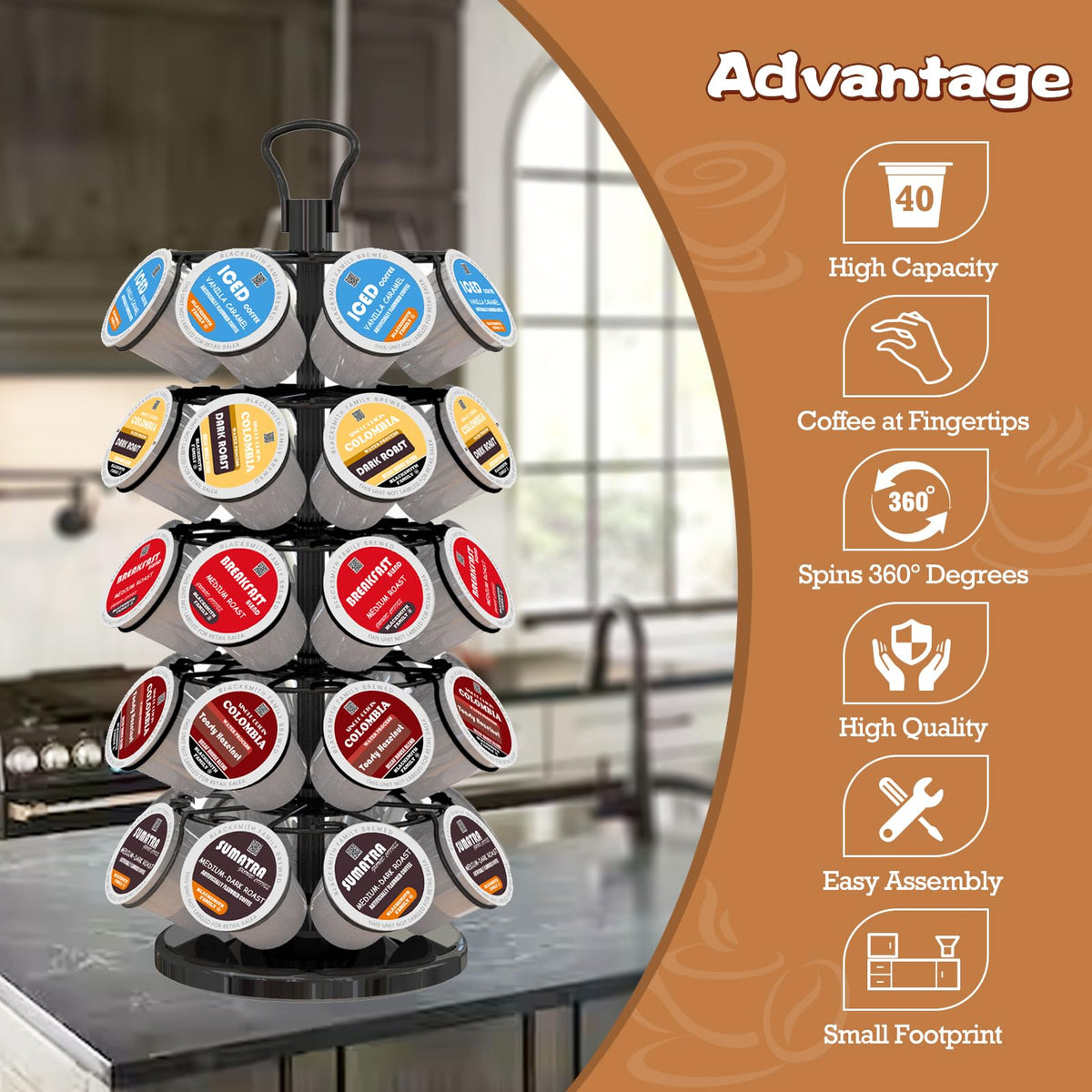 BLACKSMITH FAMILY 40-pod carousel top view highlighting smooth rotating base for quick flavor selection