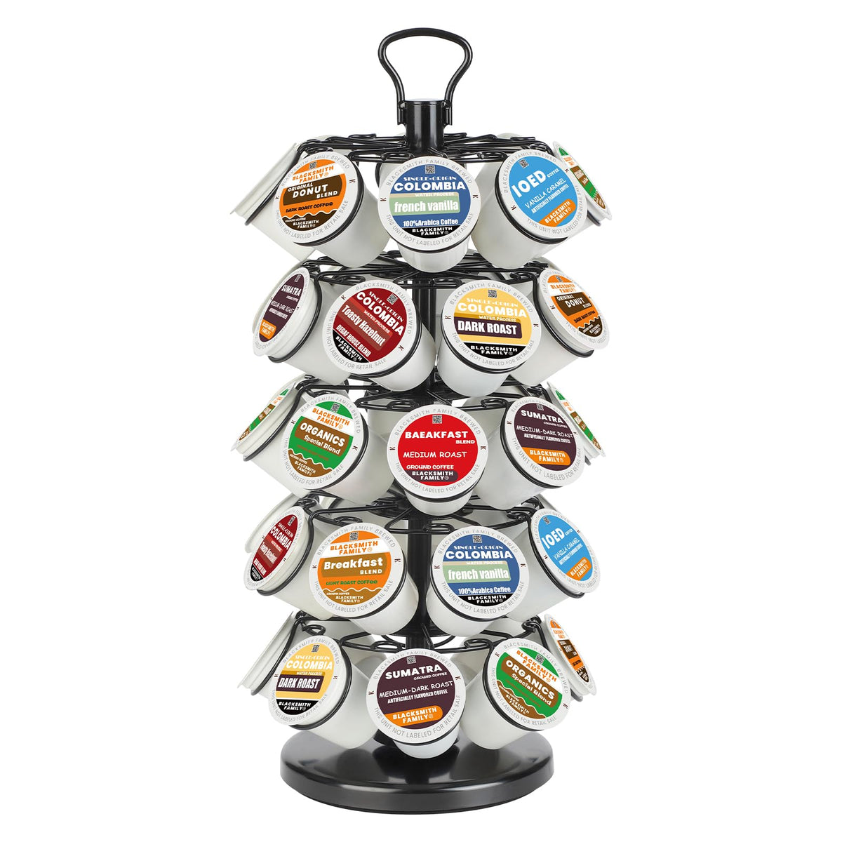 BLACKSMITH FAMILY k cup holders front view shows organized coffee pods on the counter