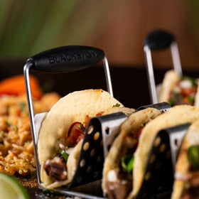 Blackstone deluxe taco holder in silver-black finish adds sturdy professional appeal