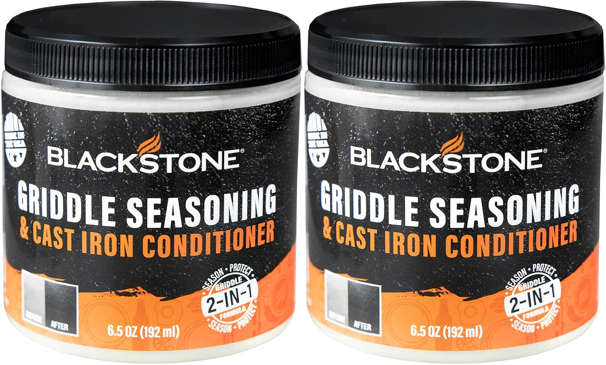 Blackstone griddle seasoning bottle with 2-in-1 formula for easy upkeep and protection.
