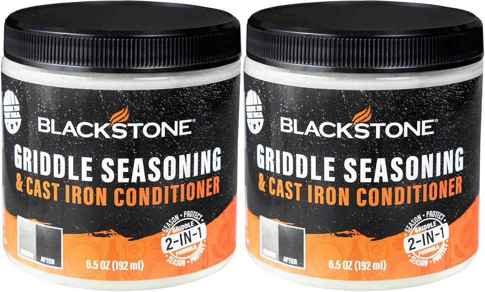Blackstone griddle seasoning bottle with 2-in-1 formula for easy upkeep and protection.