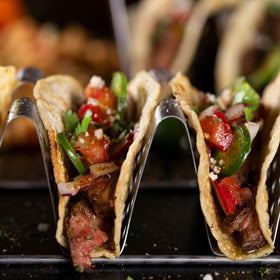 Blackstone taco stand deployed on counter to keep tortillas neat during prep