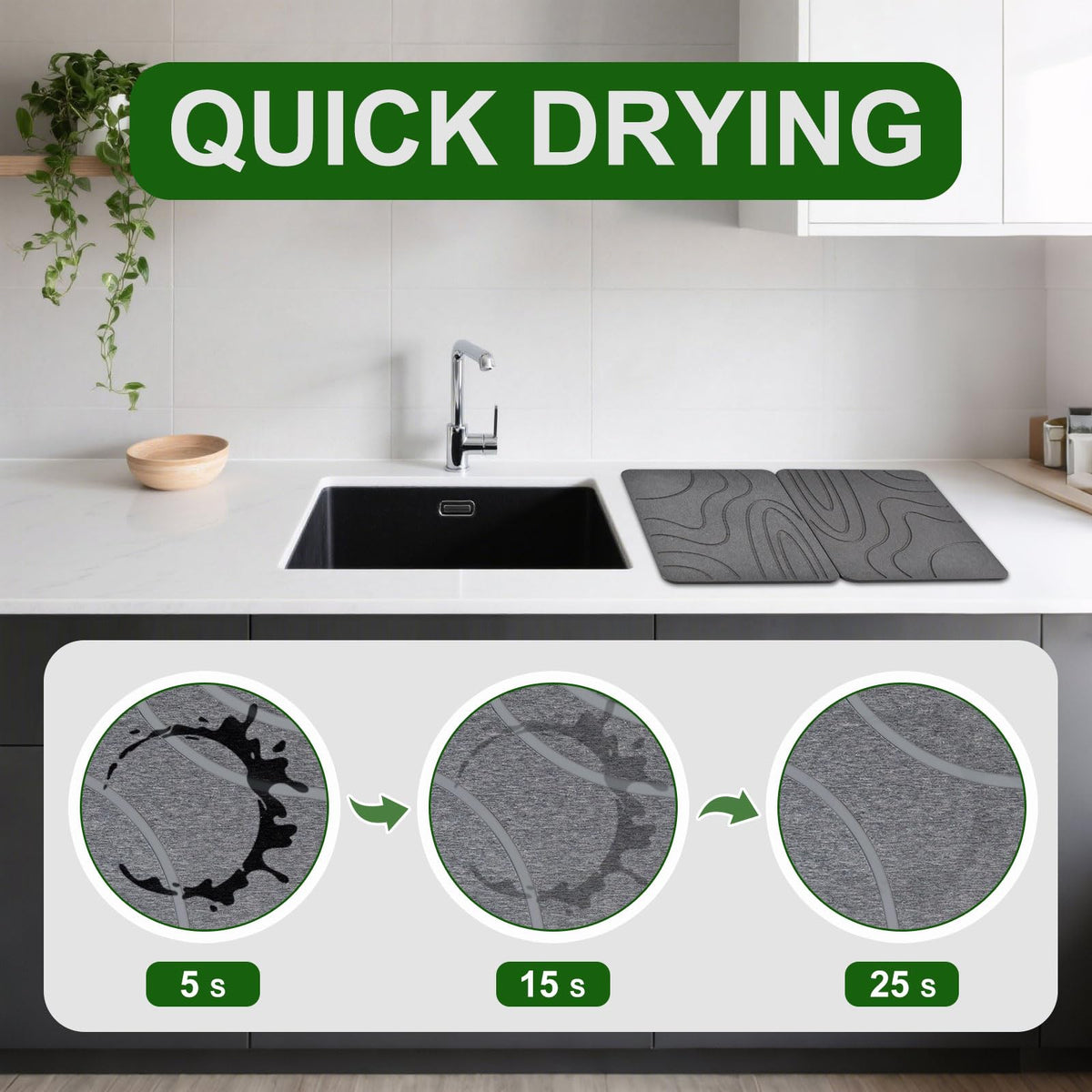 Blaithom stone drying mat absorbs moisture to keep counters tidy.