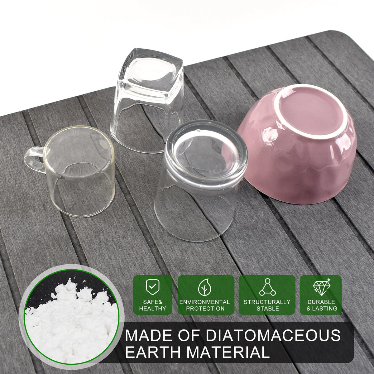 Blaithom double-sided diatomaceous earth mat dries cups and utensils efficiently.