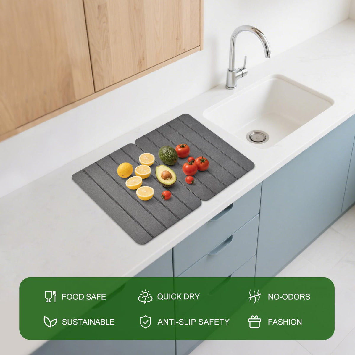Blaithom stone drying mat on counter helps prevent water pooling after washing.