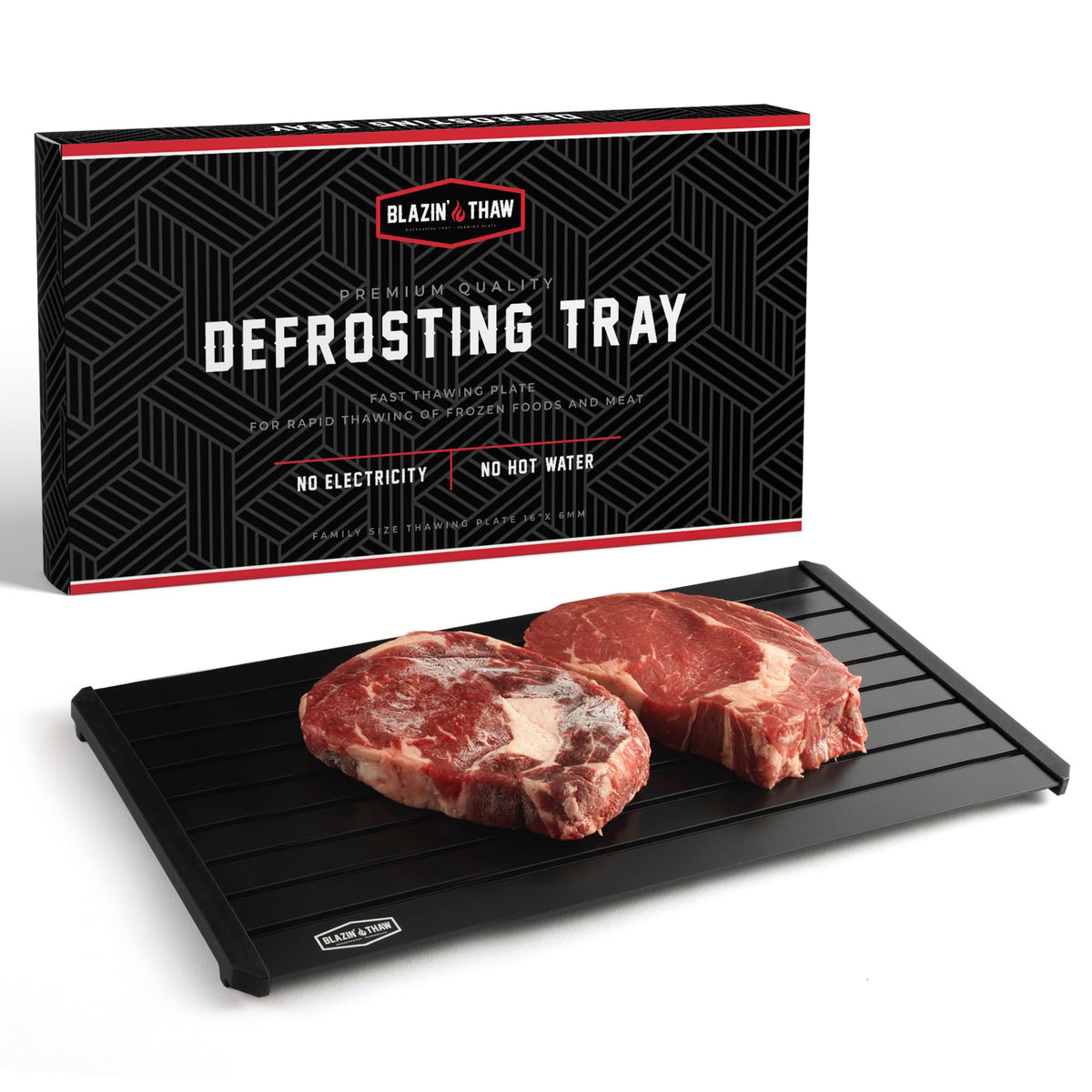 Blazin' Thaw defrosting tray in 16-inch family size speeds thawing for large portions.
