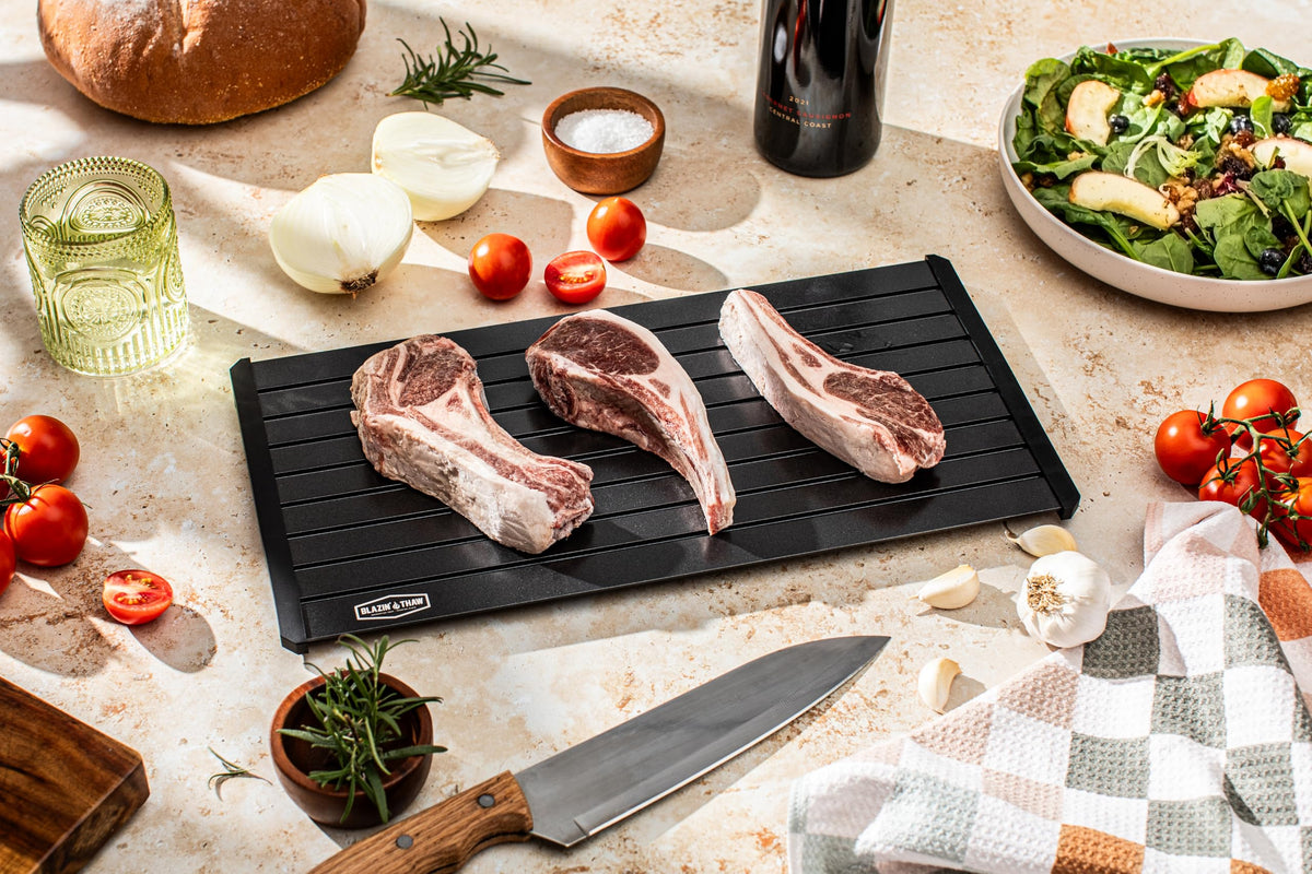 Blazin' Thaw matte black defrost tray offers easy cleaning during meal prep.