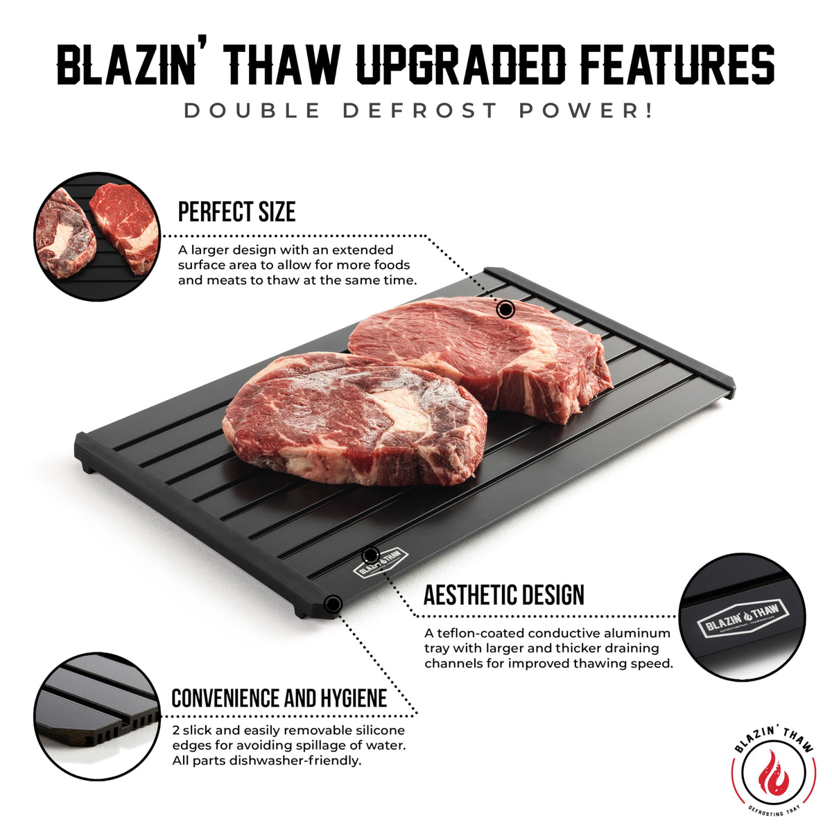Blazin' Thaw red premium edition defrost tray speeds thaw for family meals.
