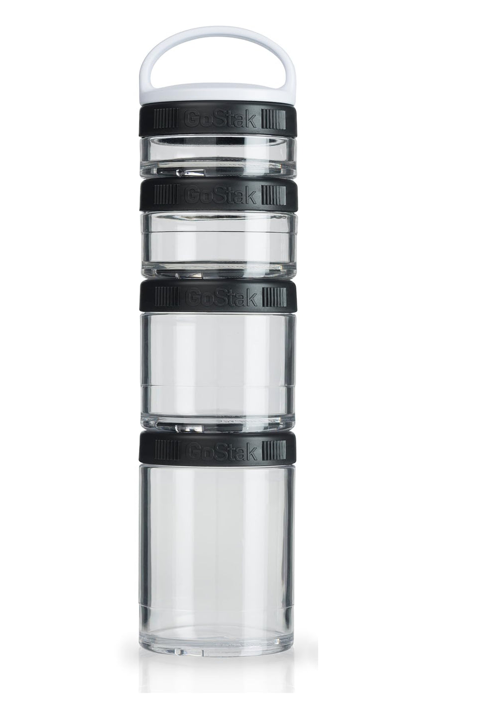 BlenderBottle GoStak Twist-n-Lock 4-piece starter set with interlocking jars for travel.