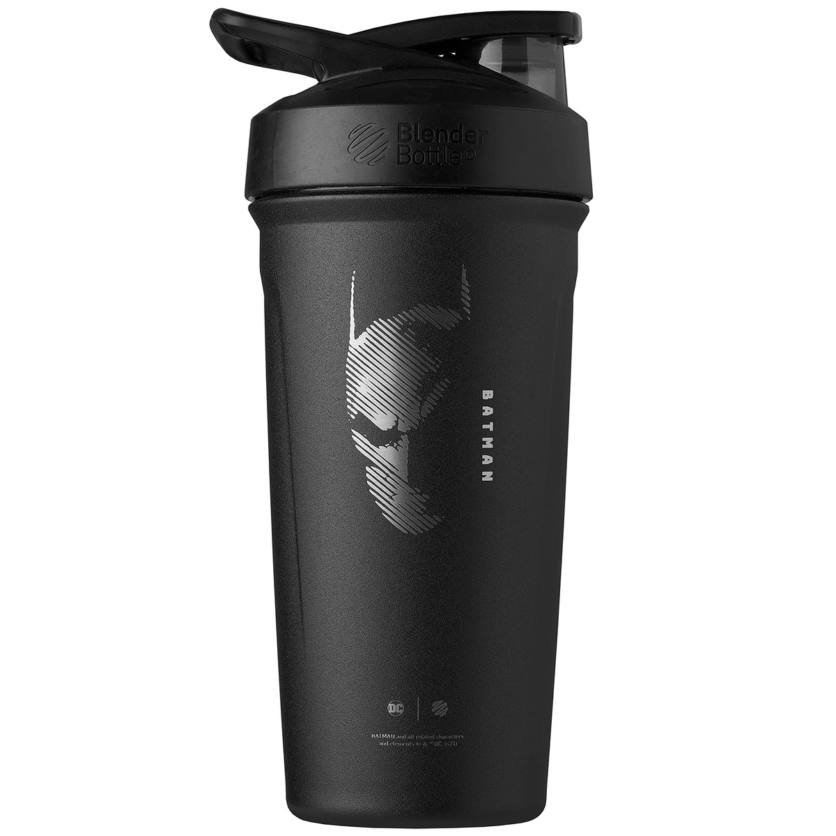 BlenderBottle Justice League Batman bottle with logos for smooth shakes using the BlenderBall whisk