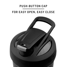 Push-button lid on the BlenderBottle Justice League bottle for secure, spill-proof operation