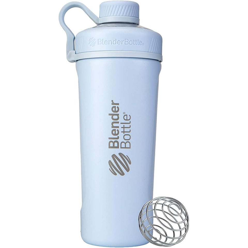 BlenderBottle Radian insulated bottle Arctic Blue front view showing leak-proof cap and cold-holding design.