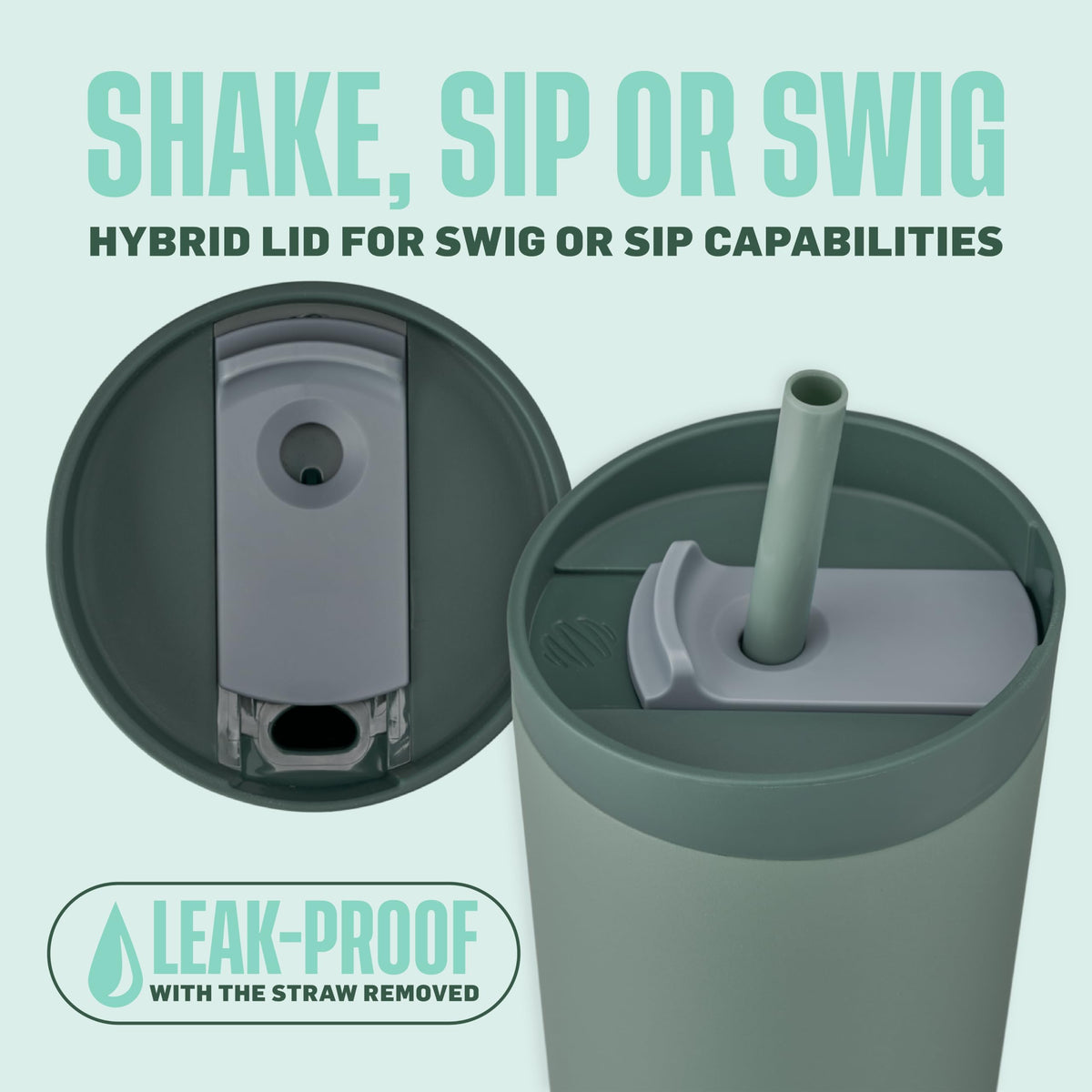 BlenderBottle Seaglass leakproof lid close-up showing secure seal during workouts