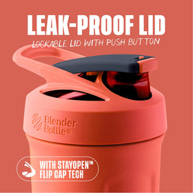 BlenderBottle Sport Shaker Cup lid showing push button lock to prevent leaks during workouts