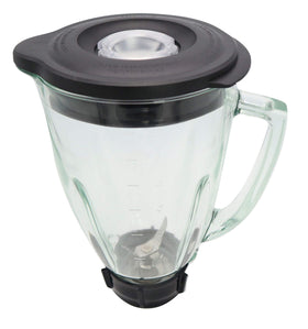 Blendin 48oz round glass jar with handle for easy pouring and serving.