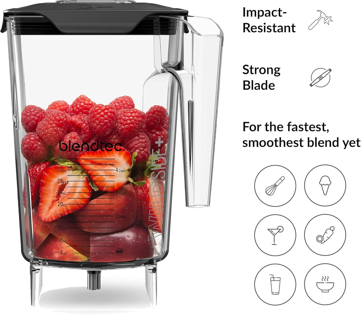 Blendtec WildSide+ jar measuring marks up to 44 ounces for precise recipes.