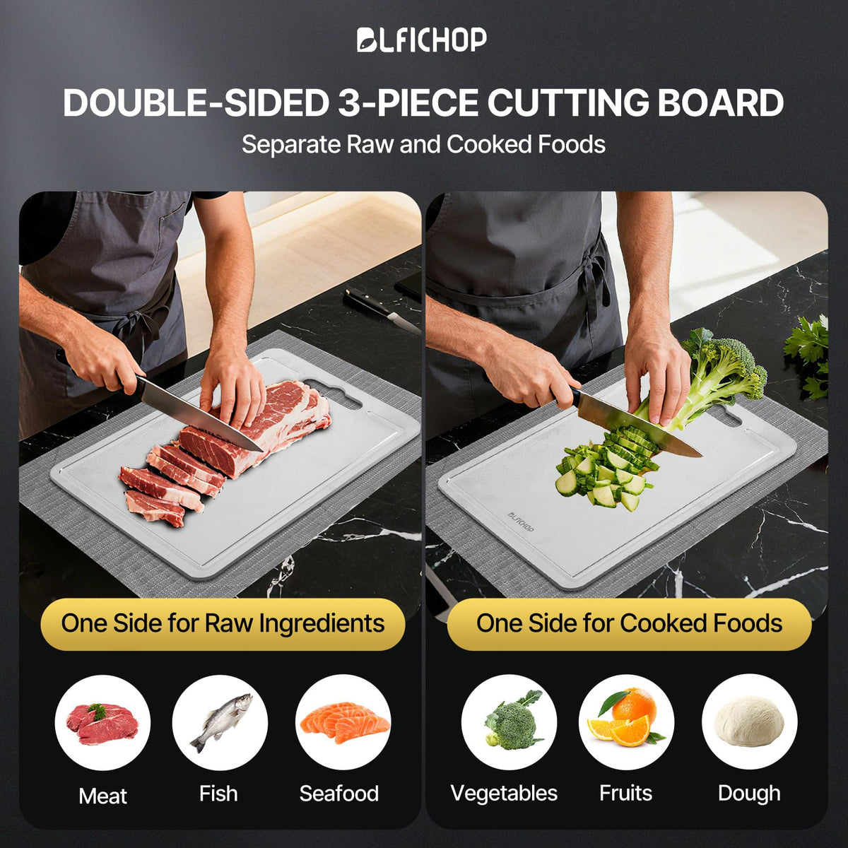 Blfichop double-sided titanium board keeps raw meat separate.
