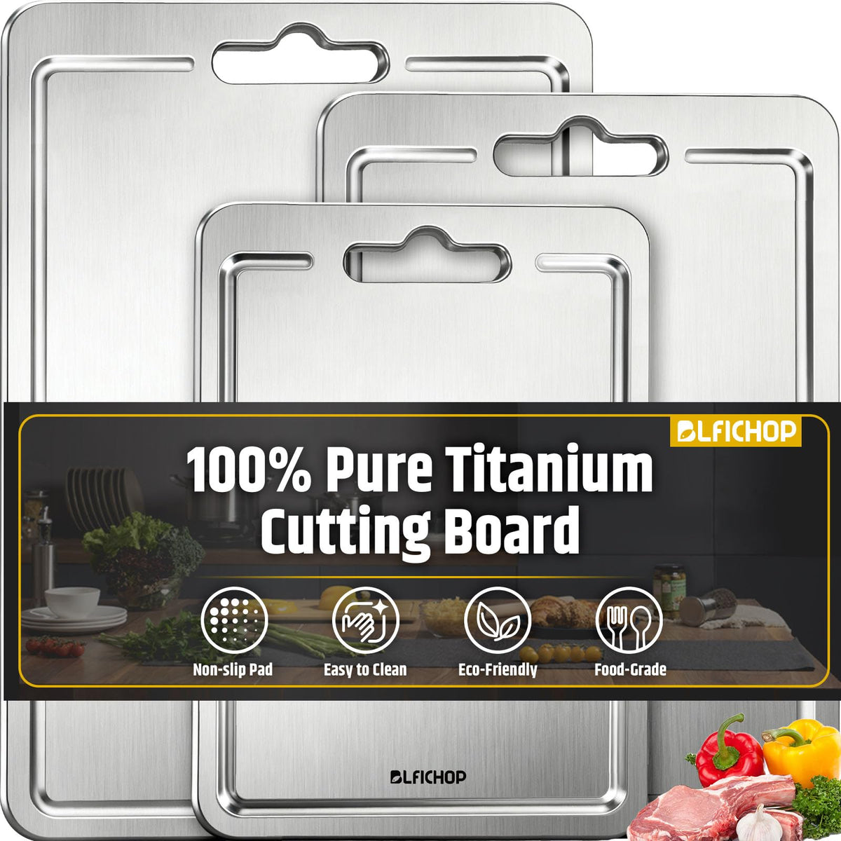 Blfichop titanium cutting board with juice groove for mess-free prep.