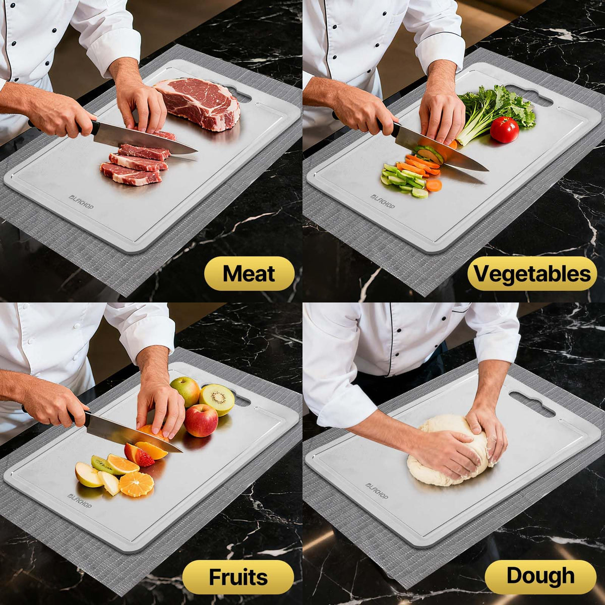 Blfichop raw meat side on titanium board reduces cross-contamination risk.