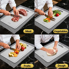 Blfichop raw meat side on titanium board reduces cross-contamination risk.