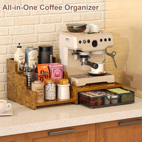 Bliesosfud 3-tier syrup rack stores nine bottles plus mugs and stirrers.