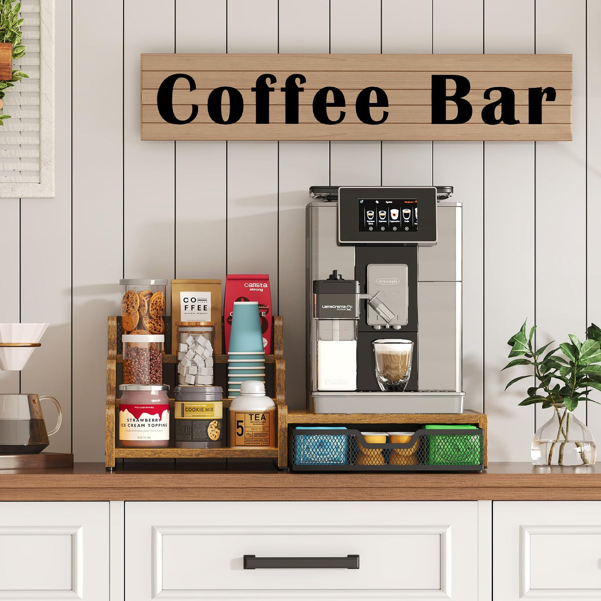 Bliesosfud coffee bar accessories organizer keeps mugs and syrups neatly organized.