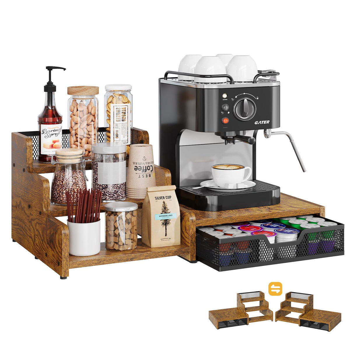 Bliesosfud coffee station top shelf supports a compact coffee maker for easy mornings.