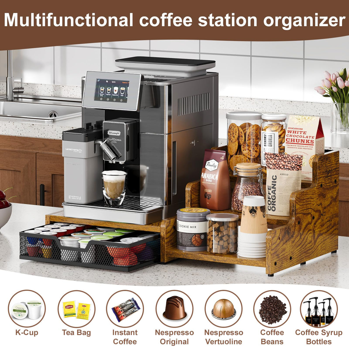 Bliesosfud K-Cup drawer holds 28-34 pods for quick flavor choices.