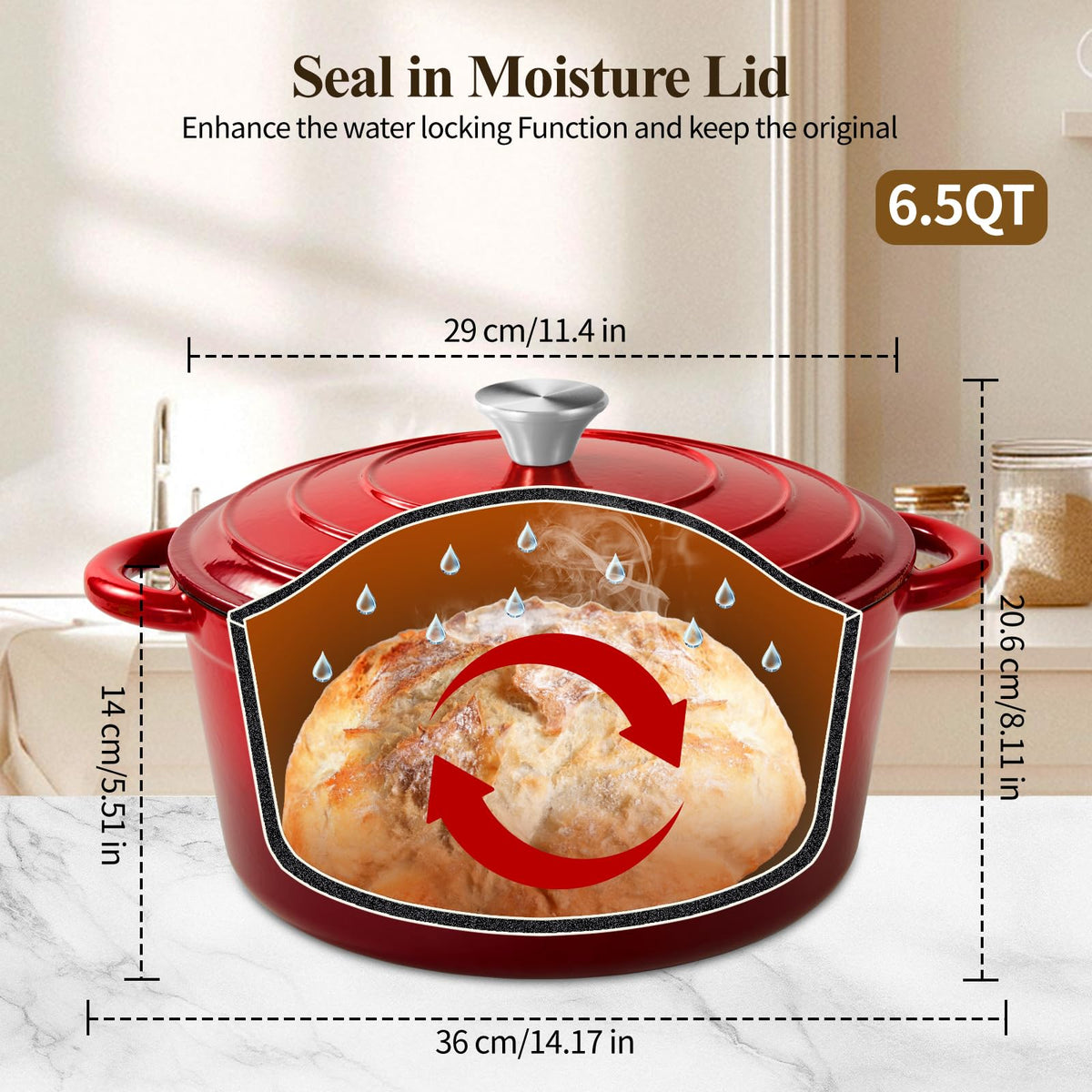 Blingco Dutch oven lid shows airtight seal, locking moisture for tender dishes.