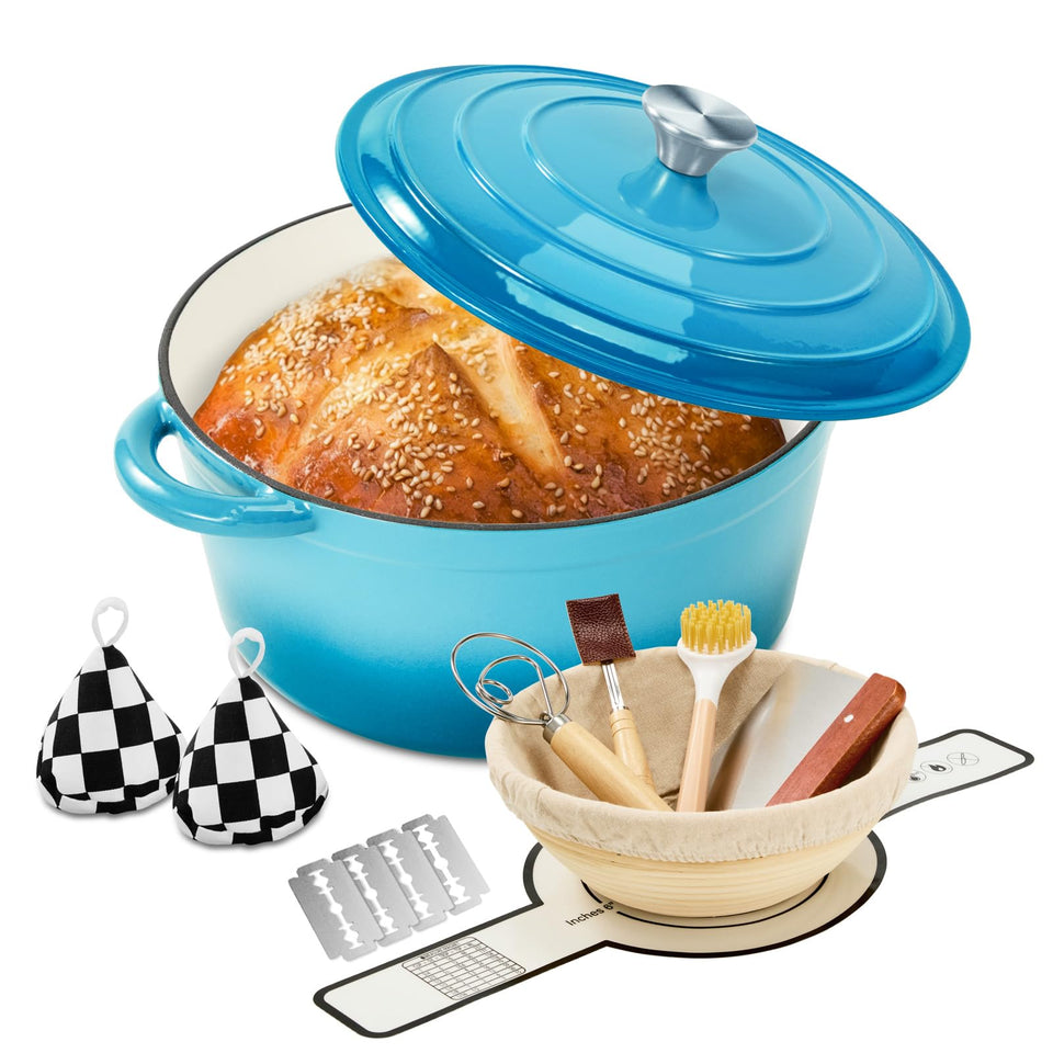 Blingco sea blue dutch oven with lid demonstrating even heat distribution for uniform cooking.