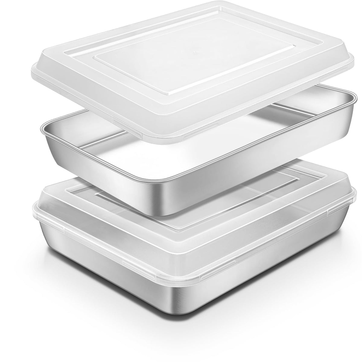 Blingco stainless steel baking pan with lid closed, durable and stackable for safe storage