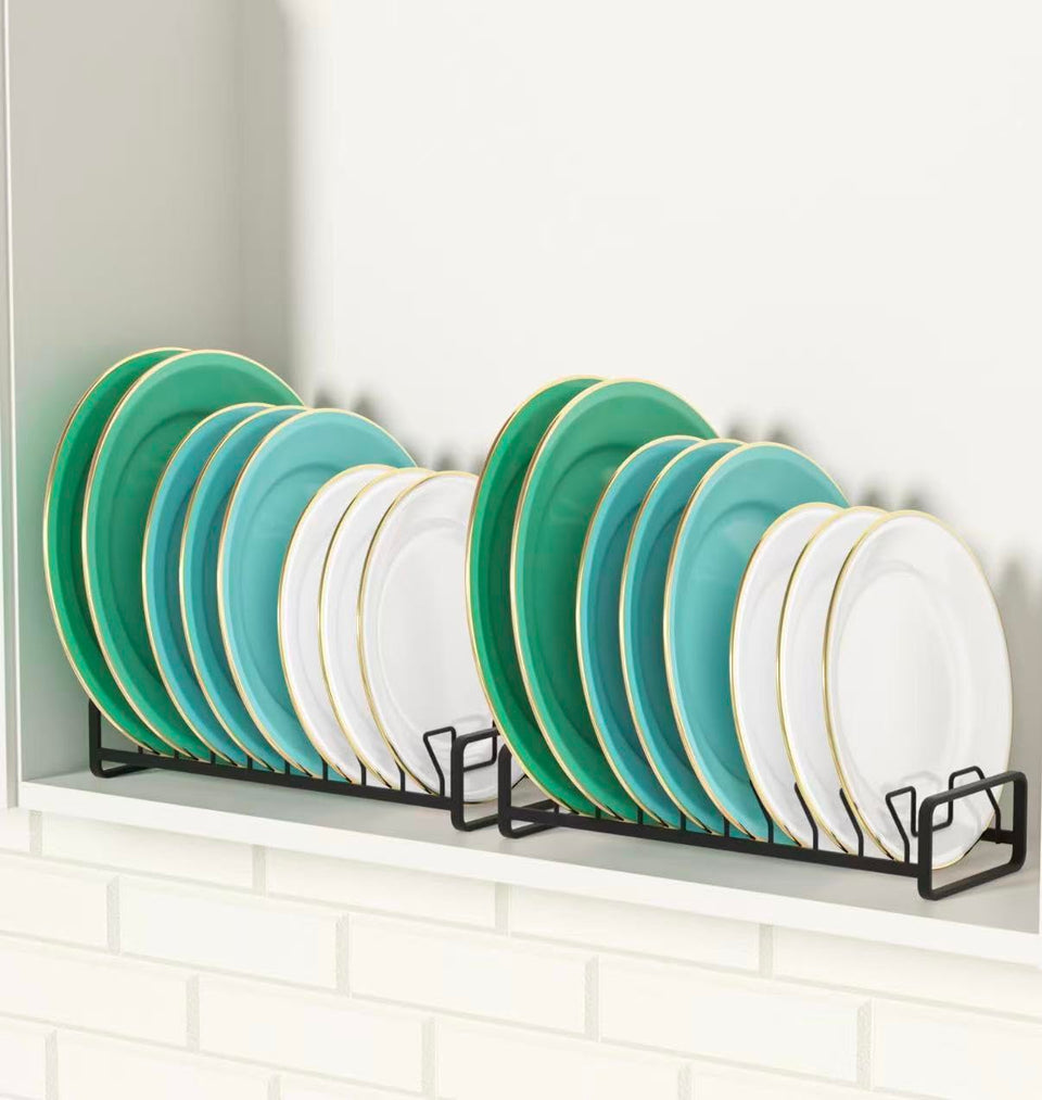 Blisskyn plate organizer in cabinet with 8 slots for space-saving storage.