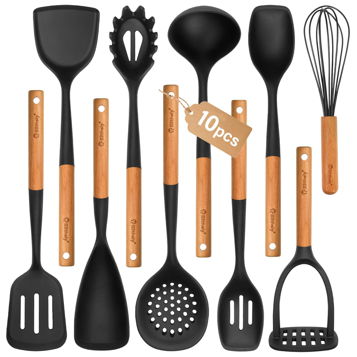 Blithely 10-piece silicone utensils set with wooden handles for nonstick cookware protection.