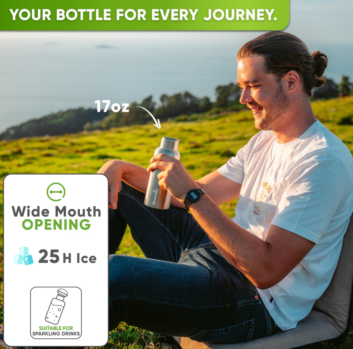 Blockhütte bottle cap close-up highlights leak-proof seal for mess-free on-the-go use.