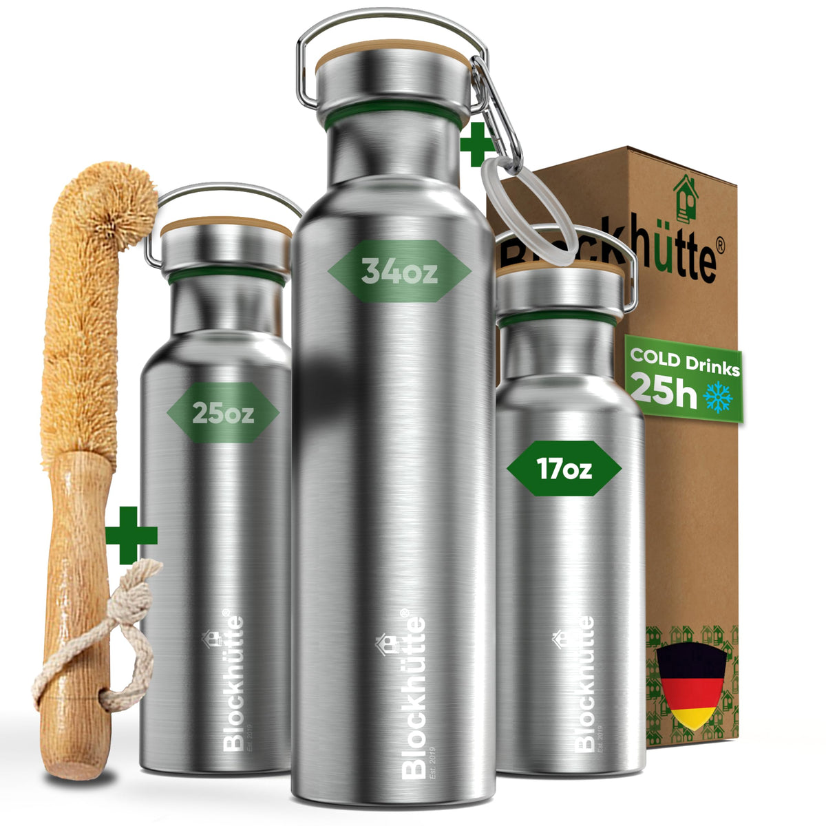 Blockhütte bottle front view shows vacuum-insulated stainless steel for all-day hydration.