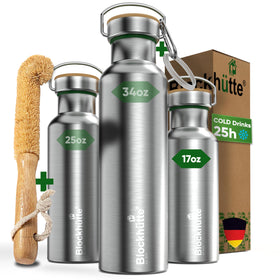 Blockhütte bottle front view shows vacuum-insulated stainless steel for all-day hydration.