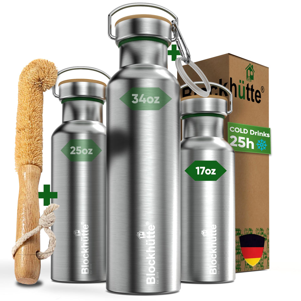 Blockhütte bottle front view shows vacuum-insulated stainless steel for all-day hydration.